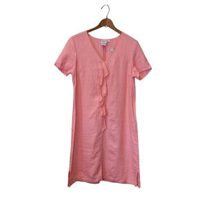 Hot Cotton Womens Pink Linen Short Sleeve Ruffle Midi Dress Size Small New